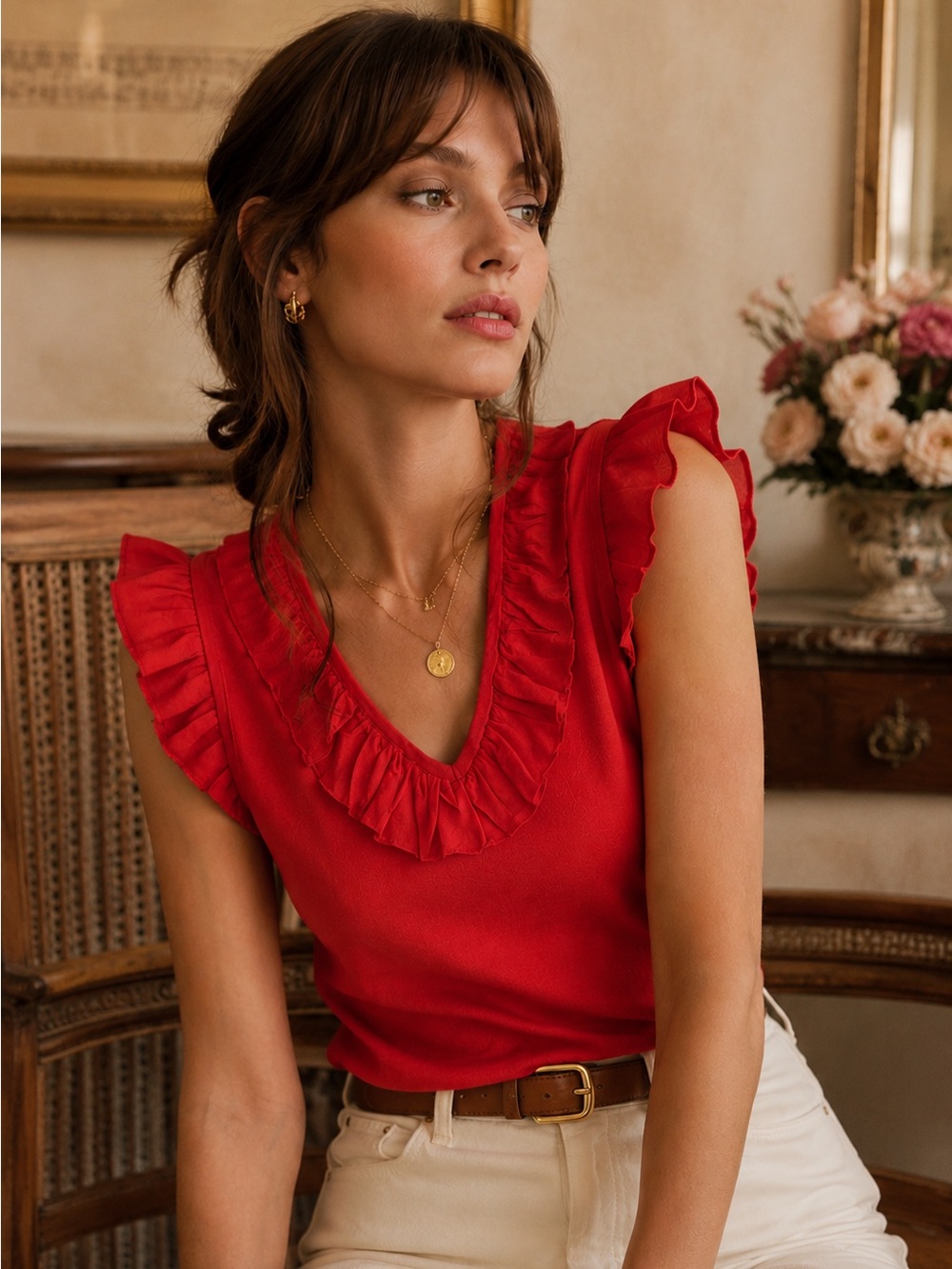 EVIE Red Ruffle Trim Sleeveless Silk Trim Knit Sweater Tank | Romantic Style | S